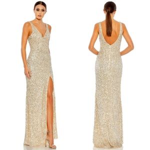 Mac Duggal Sequined Sleeveless V Neck Side Slit Gown Dress 1068 Gold Multi 8 NWT